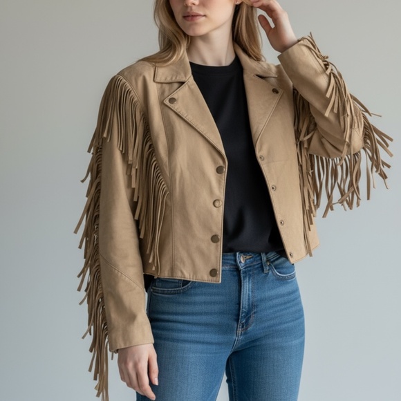 Vintage Women's Outerbound by HMS Cropped Tan Leather Fringe Jacket Size M - Picture 2 of 8